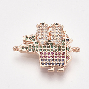 Brass Micro Pave Cubic Zirconia Links, Crocodile/Alligator, Colorful, Rose Gold, 20x24.5x3mm, Hole: 0.8mm