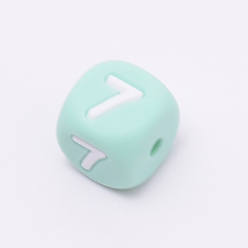 Silicone Beads, for Bracelet or Necklace Making, Arabic Numerals Style, Aquamarine Cube, Num.7, 10x10x10mm, Hole: 2mm