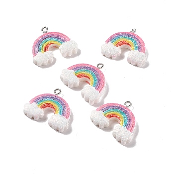 Opaque Resin Pendants, with Platinum Tone Iron Loops and Glitter Powder, Rainbow with Cloud, Colorful, 22x26x5mm, Hole: 2mm