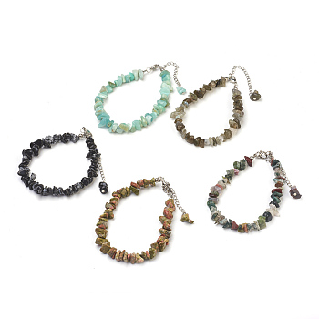 Natural & Synthetic Mixed Stone Chip Beads Anklets, with Glass Seed Beads, with Brass and Stainless Steel Findings, 8-1/2 inch(21.5cm)