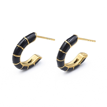 Enamel C-shape Stud Earrings, Gold Plated 304 Stainless Steel Half Hoop Earrings for Women, with Ear Nuts, Black, 18x16x3.5mm, Pin: 0.8mm
