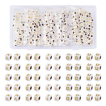 500Pcs 5 Styles Plating Acrylic Beads, Metal Enlaced, Mixed Letters, Cube, White, 5.5~6x5.5~6x5.5~6mm, Hole: 3.5mm, 100pcs/style