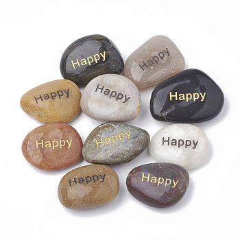 Natural River Stone Palm Stone, Pocket Stone, Nuggets with  Word Happy, 30~50x20~35x7~15mm
