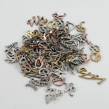 Rack Plating Alloy Letter Charms, Mixed Random Letters, Mixed Color, 12~15x4~15x1.5~1.7mm, Hole: 1.5~1.8mm