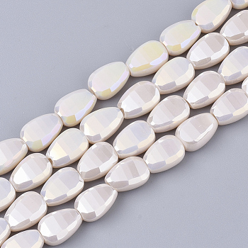 Electroplate Opaque Solid Color Glass Beads Strands, AB Color Plated, Faceted, Teardrop, Old Lace, 8.5x6x4.5~5mm, Hole: 1mm, about 80pcs/strand, 26.38 inch(67cm)