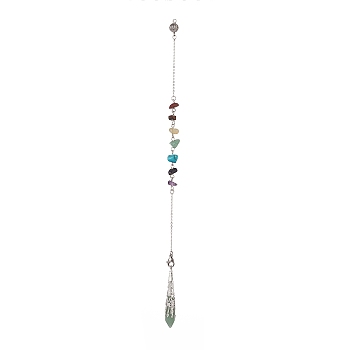 Green Aventurine Pointed Drowsing Pendulums, with Chakra Gemstone Chips & 304 Stainless Steel Findings, Bullet Charm, 265~268mm