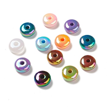 UV Plating Opaque Rainbow Iridescent Acrylic Beads, Flat Round, Mixed Color, 16x7mm, Hole: 3.7mm