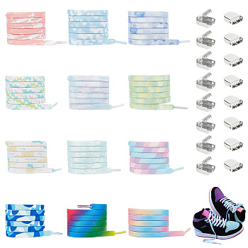 Elite 12 Sets 12 Colors Elastic Polyester Cord No Tie Shoelace, Tie-Dye Flat Shoe Laces, with Stainless Steel Clips, Mixed Color, Lace: 1000x7.5x1mm, Clips: 10x9x8mm, 1 set/color
