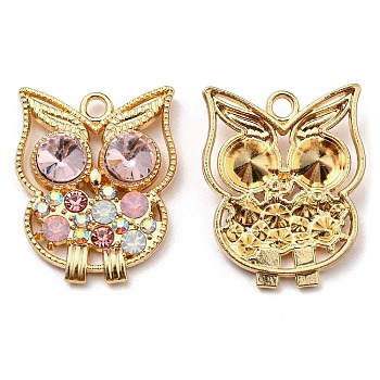 Golden Plated Alloy Pendants, Owl Charms with Rhinestone, Cadmium Free & Nickel Free & Lead Free, Light Rose, 25x20x5mm, Hole: 2.2mm