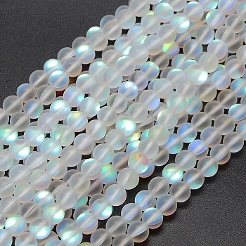 Synthetic Moonstone Beads Strands, Holographic Beads, Half AB Color Plated, Frosted, Round, White, 8mm, Hole: 1mm, about 46pcs/strand, 15 inch