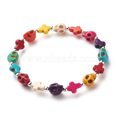 Synthetic Turquoise(Dyed) Cross & Skull Beaded Stretch Bracelet(BJEW-JB08452)-3