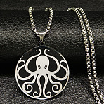 201 Stainless Steel Black Enamel Flat Round with Octopus Pendant Necklaces, Stainless Steel Color, 19.49 inch(49.5cm)(NJEW-K283-31P)