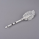 Hair Accessories Iron Hair Bobby Pin Findings, with Brass Filigree Leaf Cabochon Bezel Settings, Silver Color Plated, Tray: 34x17mm, 68mm(IFIN-L035-02S)