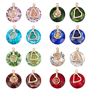 PandaHall Elite 16Pcs 8 Colors Valentine's Day Glass Pendants, with Light Gold Plated Brass Ice Pick Pinch Bails, Faceted, Flat Round with Rose & Heart, Mixed Color, 17~18x14mm, Hole: 1.2mm, 2pcs/color(GLAA-PH0002-24)