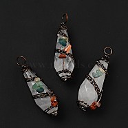 Natural Quartz Crystal Pointed Big Pendants, Faceted Bullet Charm, with Red Copper Tone Brass Findings and Mixed Chip Stones, Cadmium Free & Lead Free, 51~55x15~17x17~19mm, Hole: 5~6mm(G-G860-03R-07)