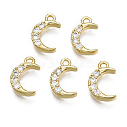 Brass Micro Pave Clear Cubic Zirconia Charms, Nickel Free, Moon, Real 18K Gold Plated, 12x8x2mm, Hole: 1.2mm(ZIRC-T015-001G-NF)