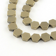 Electroplate Non-magnetic Synthetic Hematite Bead Strands, Hexagon, Light Gold Plated, 9x8x3mm, Hole: 1mm, about 46pcs/strand, 15.5 inch(G-S203-18G)