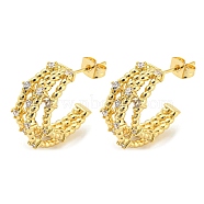 Brass Micro Pave Cubic Zirconia Stud Earrings, Split Earrings, Half Hoop Earrings, Real 16K Gold Plated, 21x10x22mm(EJEW-C066-05G)