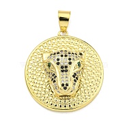 Brass Micro Pave Cubic Zirconia Pendants, Flat Round with Leopard Head Charms, Real 18K Gold Plated, 27x25x7mm, Hole: 5.5x4mm(KK-K354-11B-G)