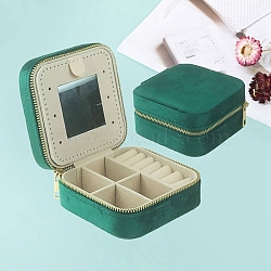 2-Tier Square Velvet Jewelry Storage Zipper Boxes with Mirror Inside, Portable Travel Jewelry Organizer Case for Rings, Earrings, Necklaces, Bracelets Storage, Green, 10x10x5cm(PW-WG25899-05)