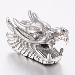 304 Stainless Steel European Beads, Large Hole Beads, Dragon Head, Stainless Steel Color, 28.5x15x17mm, Hole: 4mm(X-STAS-F150-099P)