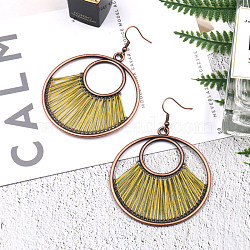 Creative Design Alloy Dangle Earrings, with Yarn, Flat Round, Red Copper, Yellow, 75x55mm(EJEW-F238-20D)