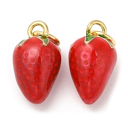 Brass Enamel Charms, with Jump Rings, Real 18K Gold Plated, Cadmium Free & Lead Free, Long-Lasting Plated, Strawberry, Red, 14.5x8x8mm, Hole: 3mm(KK-Q775-18G)