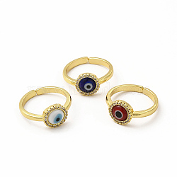 Lampwork Evil Eye Open Cuff Ring with Clear Cubic Zirconia, Real 18K Gold Plated Brass Jewelry for Women, Mixed Color, Inner Diameter: 17mm(RJEW-L104-01G)