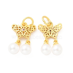 ABS Plastic Imitation Pearl Pendants, with Cubic Zirconia & Brass Findings and Jump Rings, Cadmium Free & Lead Free, Butterfly with Round, Matte Gold Color, 23mm, Hole: 4.2mm(KK-G429-03MG)