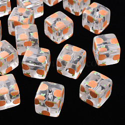 Transparent Printed Acrylic Beads, Square with Fruit Pattern, Orange Pattern, 16x16x16mm, Hole: 3mm(MACR-S374-08A-07)