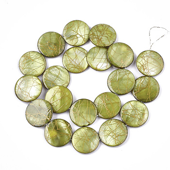 Freshwater Shell Beads Strands, Dyed and Drawbench, Flat Round, Yellow Green, 19.5~20.5x2.5~4mm, Hole: 1mm, 19~20pcs/strand, 15.5 inch~15.9 inch