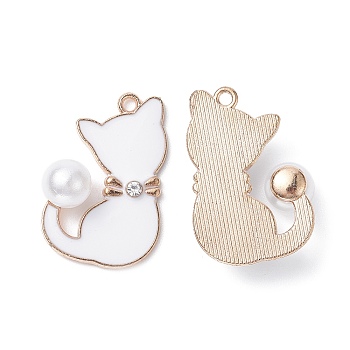 Alloy Enamel Pendants, with ABS Plastic Imitation Pearls and Crystal Rhinestone, Light Gold, Cat Charm, Lead Free & Cadmium Free, White, 29x19.5x8.5mm, Hole: 1.8mm