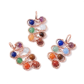 Natural Mixed Stone Brass Pendants, Natural Dyed White Jade & Amethyst & Tiger Eye & Red Jasper, Large Hole Pendants, Lead Free & Cadmium Free, Mixed Dyed and Undyed, Leaf, Rose Gold, 42~44x22~24x8.5~9.5mm, Hole: 6~6.5mm