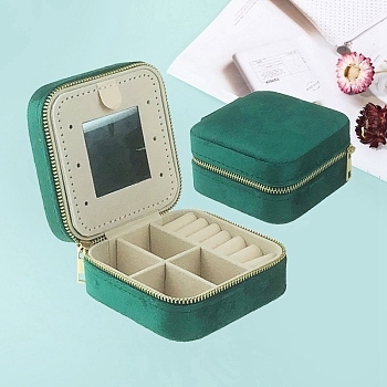 2-Tier Square Velvet Jewelry Storage Zipper Boxes with Mirror Inside, Portable Travel Jewelry Organizer Case for Rings, Earrings, Necklaces, Bracelets Storage, Green, 10x10x5cm