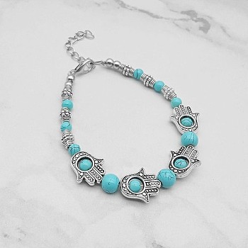 Synthetic Turquoise Bead Braceles, with Stainless Steel Beads, Hamsa Hand, No Size