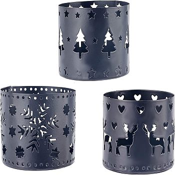 Iron Hollow Candle Holder, for Christmas, Perfect Home Party Decoration, Column with Christmas Tree & Snowflake & Christmas Reindeer/Stag, Gunmetal, 60x50mm, 3pcs/set