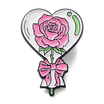 Valentine's Day Black Zinc Alloy Brooches, Pink Enamel Pins for Women, June Rose, 30x21x1.5mm