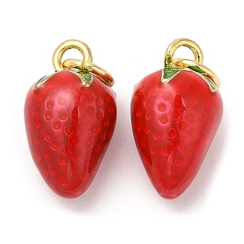Brass Enamel Charms, with Jump Rings, Real 18K Gold Plated, Cadmium Free & Lead Free, Long-Lasting Plated, Strawberry, Red, 14.5x8x8mm, Hole: 3mm