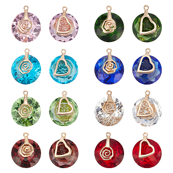 Elite 16Pcs 8 Colors Valentine's Day Glass Pendants, with Light Gold Plated Brass Ice Pick Pinch Bails, Faceted, Flat Round with Rose & Heart, Mixed Color, 17~18x14mm, Hole: 1.2mm, 2pcs/color