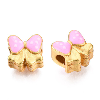 Alloy Enamel Beads, Matte Style, Cadmium Free & Lead Free, Bowknot, Pearl Pink, 9x10x8mm, Hole: 3mm