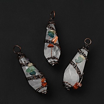 Natural Quartz Crystal Pointed Big Pendants, Faceted Bullet Charm, with Red Copper Tone Brass Findings and Mixed Chip Stones, Cadmium Free & Lead Free, 51~55x15~17x17~19mm, Hole: 5~6mm