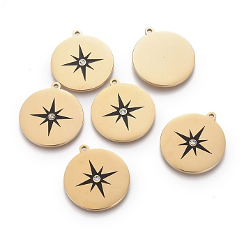 316 Surgical Stainless Steel Pendants, with Enamel & Crystal Rhinestone, Flat Round with Star, Black, Golden, 25.5x23x2mm, Hole: 1.6mm
