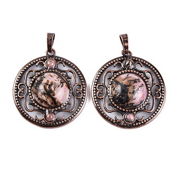 Natural Rhodonite Pendants, Rack Plating Brass Hollow Flat Round Charms, Cadmium Free & Lead Free, Red Copper, 36.5x33x9.5mm, Hole: 7.5x5mm