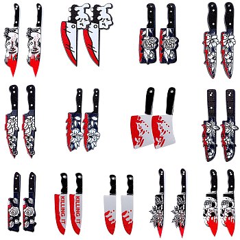 26Pcs 13 Style Halloween Printed Opaque Acrylic Pendants, Knife, Mixed Color, 45~57x4~16x2~4mm, Hole: 0.8~1.8mm, 2pcs/style