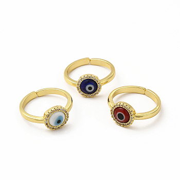 Lampwork Evil Eye Open Cuff Ring with Clear Cubic Zirconia, Real 18K Gold Plated Brass Jewelry for Women, Mixed Color, Inner Diameter: 17mm