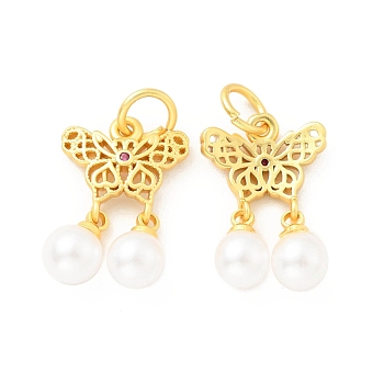 ABS Plastic Imitation Pearl Pendants, with Cubic Zirconia & Brass Findings and Jump Rings, Cadmium Free & Lead Free, Butterfly with Round, Matte Gold Color, 23mm, Hole: 4.2mm