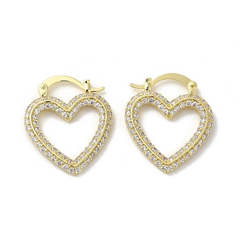 Rack Plating Brass Hollow Heart Hoop Earrings with Cubic Zirconia, Cadmium Free & Lead Free, Long-Lasting Plated, Real 18K Gold Plated, 26x22x2.5mm