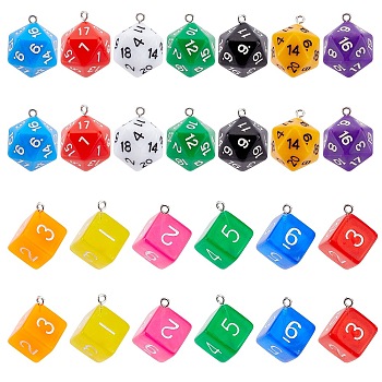 PandaHall Elite 28Pcs 2 Style Acrylic Pendants, with Iron Finding, Dice, Mixed Color, 27.5~28x20~21x16~20mm, hole: 2mm, 14pcs/style