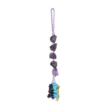 Nuggets Natural Amethyst Pendant Decorations, Braided Nylon Thread and Gemstone Chip Tassel Hanging Ornaments, 185~190mm