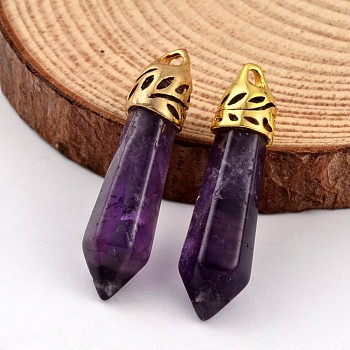 Bullet Natural Amethyst Pendants, with Golden Tone Alloy Findings, 34~36x8~9mm, Hole: 3x2mm